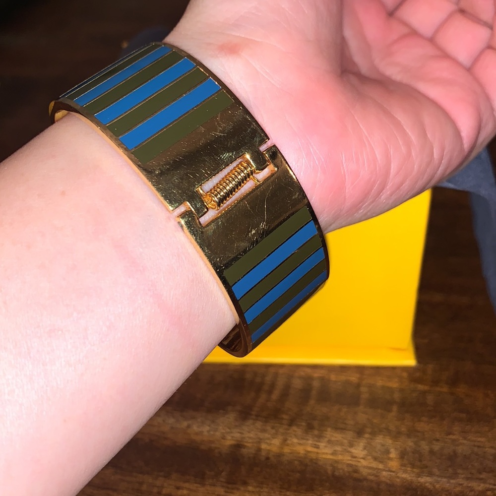 Fendi Gold and Blue Striped Hinged Cuff Bracelet - Picture 8 of 8